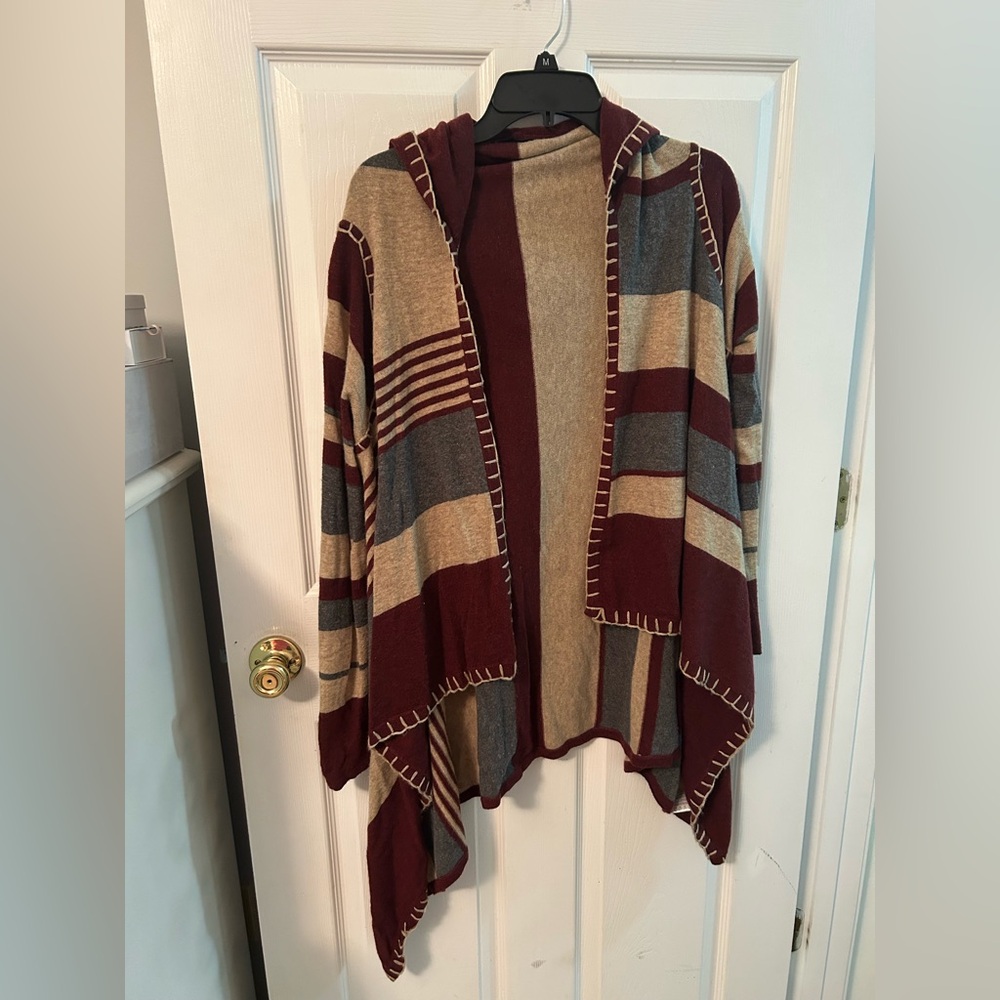 Love Token Maroon and Tan Hooded Cardigan
